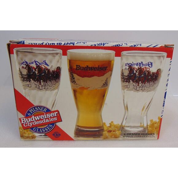 Vintage Pilsner Beer Glasses 1995 Budweiser Winter Clydesdales Set Of 6 Box Rare - Picture 12 of 14